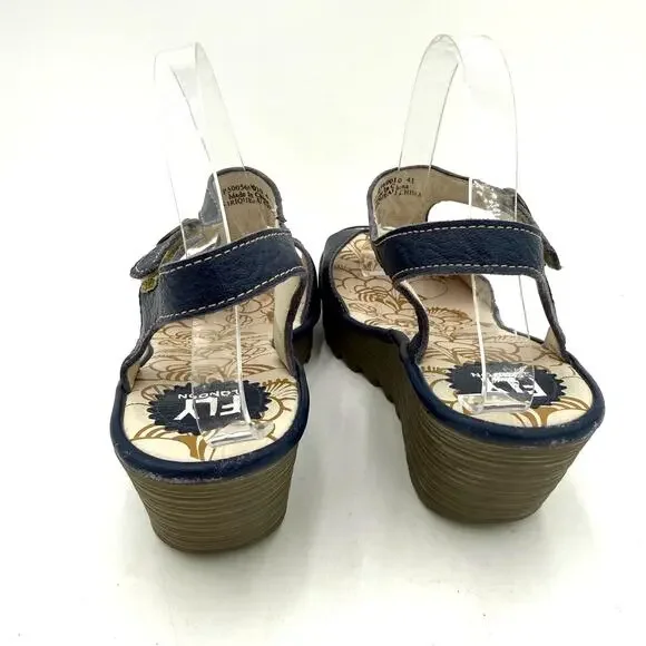 Fly London Blue Leather Yanca Wedge Sandals Heels Size 41 / 10-10.5 - Picture 5 of 7